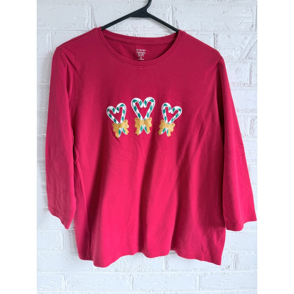 Kim‎ Rogers Perfectly Soft Women's Red 3/4 Sleeve Candy Cane Top Size Medium